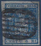 Espagne Isabel II N°27 6 Real Bleu Très Grandes Marges Oblitéré Grille Noire TTB Signé Calves - Usados