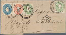 Österreich: 1862, 2 X 3 Kr Grün, 5 Kr Rot Und 15 Kr Blau, Attraktive 3-Farbenfrankatur Auf Faltbrief - Ongebruikt