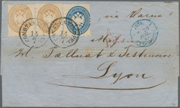 Österreichische Post In Der Levante: 1864, 10 So Blau Und 2 X 15 So Braun, Als Vorläufer-Mischfranka - Oriente Austriaco
