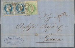 Österreichische Post In Der Levante: 1870/1872, 3 So Grün Und 2 X 10 So Blau, Zwei Faltbriefe Mit Id - Oostenrijkse Levant