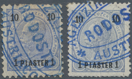 Österreichische Post In Der Levante: 1890, 1 Pia Auf 10 Kr Ultramarin, Zwei Exemplare Mit Blauem Ova - Oriente Austriaco