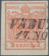 Österreich - Verwendung In Liechtenstein: 1854, 3 Kr. Rot Maschinenpapier Mit L2 VADU(TZ), Kab.stück - Other & Unclassified