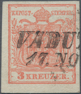 Österreich - Verwendung In Liechtenstein: 1854, 3 Kr. Rot Maschinenpapier Mit L2 VADU(TZ), Kab.stück - Otros & Sin Clasificación