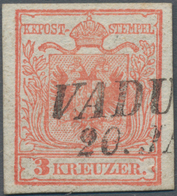 Österreich - Verwendung In Liechtenstein: 1850, 3 Kr. Rot Handpapier Mit L2 VADU(TZ), Kab.stück, Lt. - Otros & Sin Clasificación