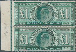 Großbritannien: 1911, £ 1 Green, Somerset Printing, Vertical Pair With Left Sheet Margin (position 5 - Brieven En Documenten