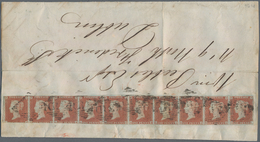 Irland: 1841 Ff., Great Britain 1d. Lake-red On Blued Paper, Horizontal Strip Of 10, Pos. G-C To G-L - Brieven En Documenten