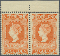 Niederlande: 1913: 100 Jahre Unabhängigkeit 10 Gulden Rotorange, Waagerechtes Oberrandpaar In Postfr - Autres & Non Classés