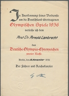 Autographen: HITLER, Adolf 1936, Originalunterschrift Auf Verleihungsurkunde Für Das "Deutsche-Olymp - Andere & Zonder Classificatie