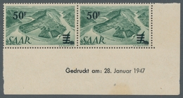 Saarland (1947/56): 1947, "50 Fr. Auf 1 Mk. Urdruck Mit Druckdatum", Postfrisches Eckrandpaar, Im Ra - Other & Unclassified