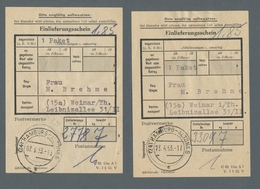 Bizone: 1949-1953, Kleines Lot Von Vier Frankierten Einlieferungs-Scheinen, Dabei Zweimal Bauten Und - Sonstige & Ohne Zuordnung