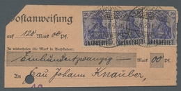 Deutsche Abstimmungsgebiete: Saargebiet: 1920, Partie Von 6 Briefstücken Aus Postanweisungen Mit Ger - Cartas & Documentos