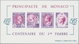 Monaco: 1985, Stamp Centenary Souvenir Sheet, Epreuve De Luxe In Differing Colours "Lilac/Purple" On - Autres & Non Classés