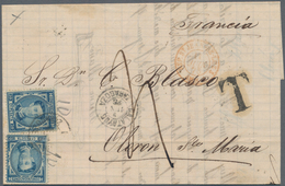 Spanien: 1868/1876, Five Folded Letters All Franked To France. One Letter With "T" Mark For Underpai - Briefe U. Dokumente