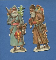 Bel Ensemble Deux Chromos Decoupis Gaufrés Embossed Pere NOEL Sapin Jouets 10,5 Cm Hauteur - Motivos De Navidad