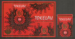 Année Du Singe. Timbre + Bloc-feuillet Neufs ** L'ILE TOKELAU (Pacific Coral Atolls)  Côte 16 Euro (Hautes Faciales $ 8) - Chinese New Year