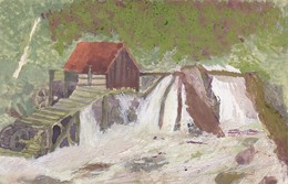 Gemälde Pastell - Wassermühle Fluss - Ludwig Wasem Pirmasens - 14*9cm (42944) - Pastels