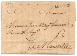 Marque Bayonne LENAIN N°3 TB Sur Lettre De 1729 Pour Marseille - 1701-1800: Precursores XVIII