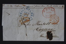 USA Letter New York Philadelphia PAID 5 CTS Blue CDS Paquetbot Red CDS Cognac To Martell Cognac Per Steamer Niagara 1852 - …-1845 Préphilatélie