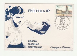 Cartolina Postale Affrancata CIRCOLO FILATELICO MORTEGLIANO PRIMO CARNERA 1989 - Sporters