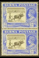 1946 3a6p Black And Ultramarine With CURVED PLOUGH HANDLE In Vertical Pair With Normal, SG 57ba+57b, Mint. For More Imag - Birma (...-1947)