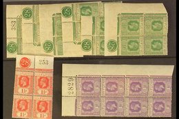 1922-27 Wmk Script CA Group Of Mint Blocks With Sheet Selvage, Plate Numbers & Sheet Numbers (8 Items = 36 Stamps) For M - Fidji (...-1970)