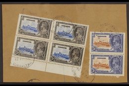 1935 SILVER JUBILEE VARIETY A Large Piece Bearing A 2d Ultramarine & Grey-black Marginal Block Of 4 & A Vertical Pair Of - Gibraltar