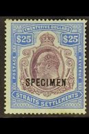 1906 - 12 $25 Purple And Blue On Blue Overprinted "Specimen", Ed VII, SG 168s, Good Mint, Part Og With Tiny Gum Thin. Sc - Straits Settlements