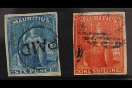 1859-61 6d Blue And 1s. Vermilion Britannias, SG 32 & 34, Each With Four Margins And Neatly Cancelled, The 6d With Circu - Mauritius (...-1967)