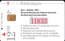 ! Telefonkarte, Telecarte, Phonecard, 1997, P31, Auflage 1000000, Telekom 11833 Die Neue Auskunft, Germany - P & PD-Serie : Sportello Della D. Telekom