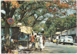 Afrique / CONAKRY / République De Guinée - Rue Bordée De Flamboyants Et D'étalages - 1967 - Voitures, Cars - Guinée Française