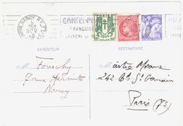 NANCY Carte Postale Entier Iris 1,20 F Yv 651-CP1 Complément 1F Mazelin 30c Chaines Brisées Yv 671 676 Ob 1946 - Briefe U. Dokumente