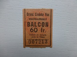 Châtellerault, Cinéma VOX, Ticket Balcon Ancien  Ref 505 ; PAP05 - Tickets - Vouchers