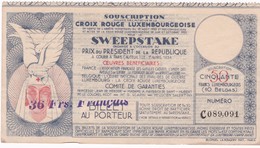 BILLET CROIX ROUGE LUXEMBOURGEOISE  , SWEEPSTAKE Prix  President De La République Paris Auteuil  1934 - Lussemburgo