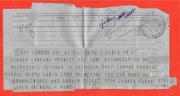 TELEGRAMME De 06 CANNES CENTRAL Provenance De LONDON (About A Place On The Liner MAURETANIA Of 1938 Cunard) (Paquebot) - Otros & Sin Clasificación