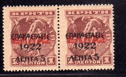 GREECE GRECIA HELLAS 1923 SURCHARGED 1922 ON CRETE PAIR 5 LEPTA On 1l MNH - Ongebruikt