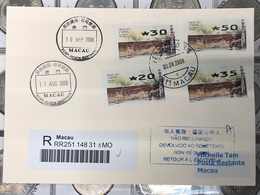 MACAU, 2008 ATM LABELS WORLD HERITAGE LOCAL REGISTERED COVER MAILED FROM AIRPORT POST ON 08.08.2008 W/8PAT - FDC