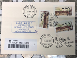 MACAU, 2008 ATM LABELS WORLD HERITAGE LOCAL REGISTERED COVER MAILED FROM AIRPORT POST ON 08.08.2008 W/4.5PAT - FDC