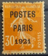 FRANCE - MLH - YT 29- Préoblitéré "Postes Paris 1921" - Damaged On Upper Edge! - 1893-1947