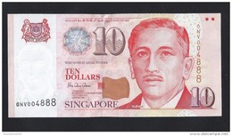 RARE !!!  Singapore $10 Dollars Portrait Series Very Lucky Repeater Number Banknote ONV004888 UNC (#85) - Singapur