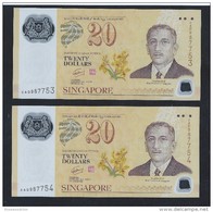 Pair Of 2 Pcs. 2007 SINGAPORE BRUNEI  POLYMER $20 Running Number CURRENCY BANKNOTE (#66) - Singapore