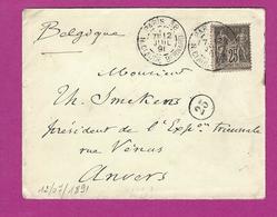 FRANCE Lettre Type SAGE De PARIS Pour ANVERS 1891 - 1877-1920: Semi-moderne Periode