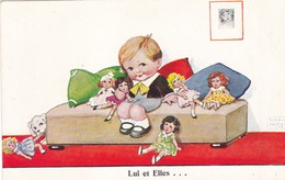 ILLUSTRATEURS. CPA.HUMOUR. ILLUSTRATION JOHN WILLS. " LUI ET ELLES " .PETIT GARÇON ET SES POUPÉES. + TEXTE - Wills, John