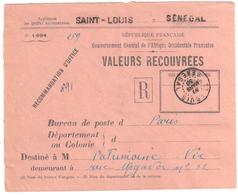 St LOUIS Sénégal Ob 30 3 1938 Valeurs Recouvrées 1494 Pas Taxée Car Pas De Valeur Impayée - Brieven En Documenten