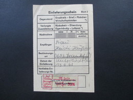 Berlin 1958 Einlieferungsschein Mit Klebezettel 108 Berlin 005 B SbPA Nach Frankfurt / M - Storia Postale