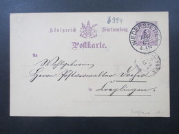 AD Württemberg 1888 Ganzsache Stempel K1 Niederstetten Nach Creglingen Mit Ak Stempel K2 Creglingen - Postal  Stationery