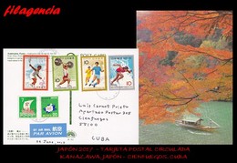 ASIA. JAPÓN. ENTEROS POSTALES. TARJETA POSTAL CIRCULADA 2017. KANAZAWA. JAPÓN-CIENFUEGOS. CUBA. DEPORTES. FLORES. BARCOS - Covers & Documents