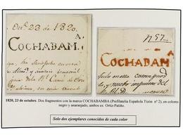 BOLIVIA. (1820 CA.). Dos Fragmentos De Carta Con La Marca COCHABAM. A En Rojo Y Negro. RARÍSIMAS, Solo Dos Piezas Conoci - Otros & Sin Clasificación