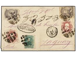 BRASIL. Sc.54 (2), 57 (2), 58. 1875. RÍO DE JANEIRO A YAGUAY. 20 Reis Lila, 80 Cts. Violeta (2) Y 100 Reis Verde. Carta  - Other & Unclassified