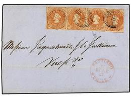 CHILE. Sc.9c (4). 1857. SANTIAGO A VALPARAISO. 5 Ctvos. Castaño Rojo, Impresión De Santiago "Estancos". Tira De Cuatro,  - Autres & Non Classés