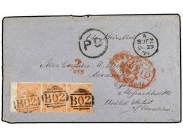 EGIPTO. 1874. SUEZ To U.S.A. Envelope Franked With GB Strip Of Three Of 4d. Orange Pl. 13, Tied By Barred B02 With SUEZ  - Autres & Non Classés